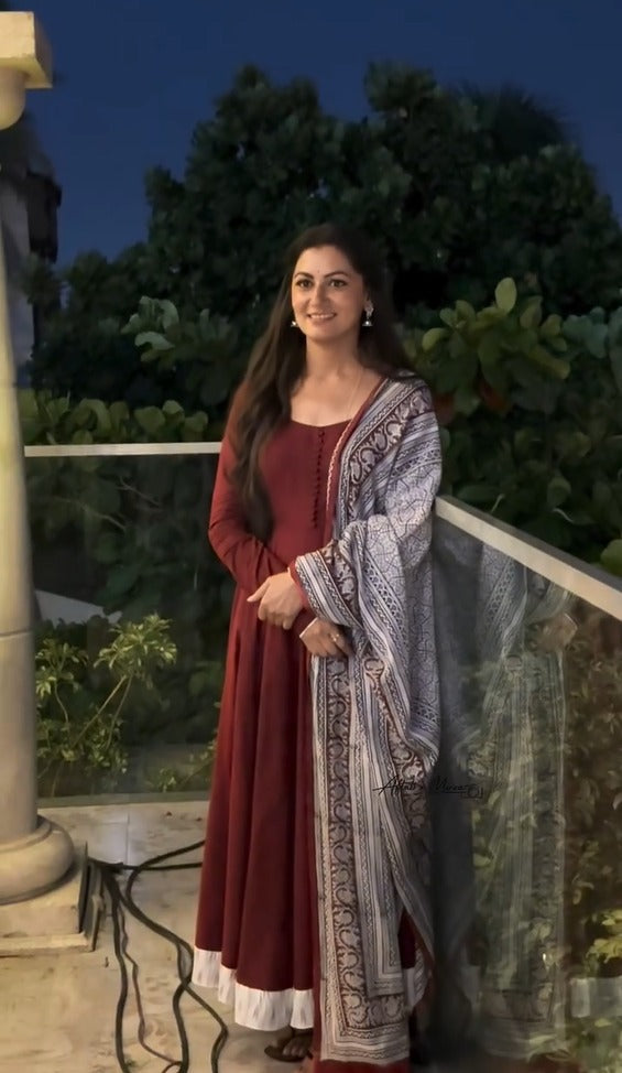 Wine Grace Anarkali Set with Heritage Printed Dupatta