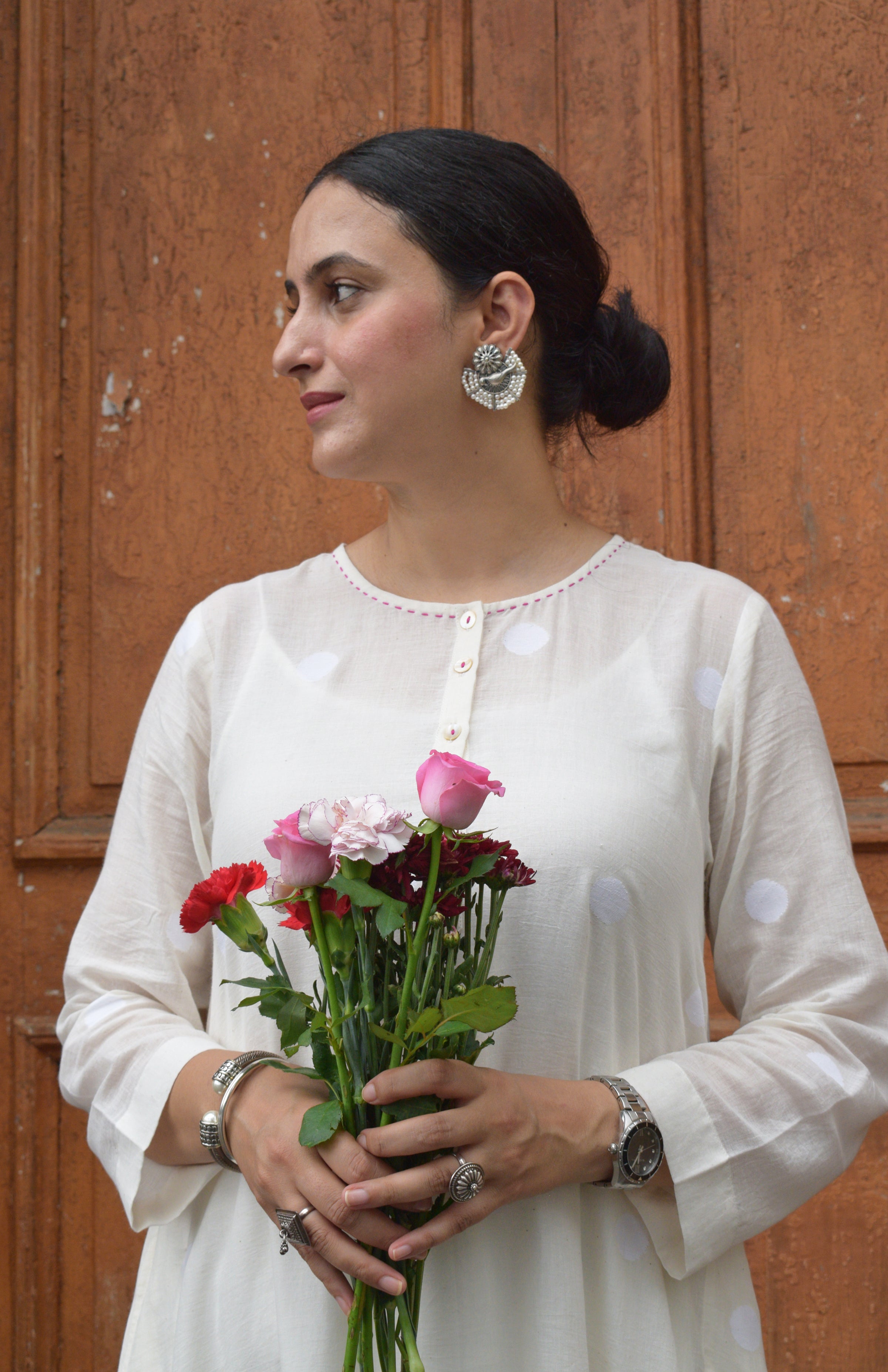 Off White Jamdani Polka dot Kurta with Off White Pyjama