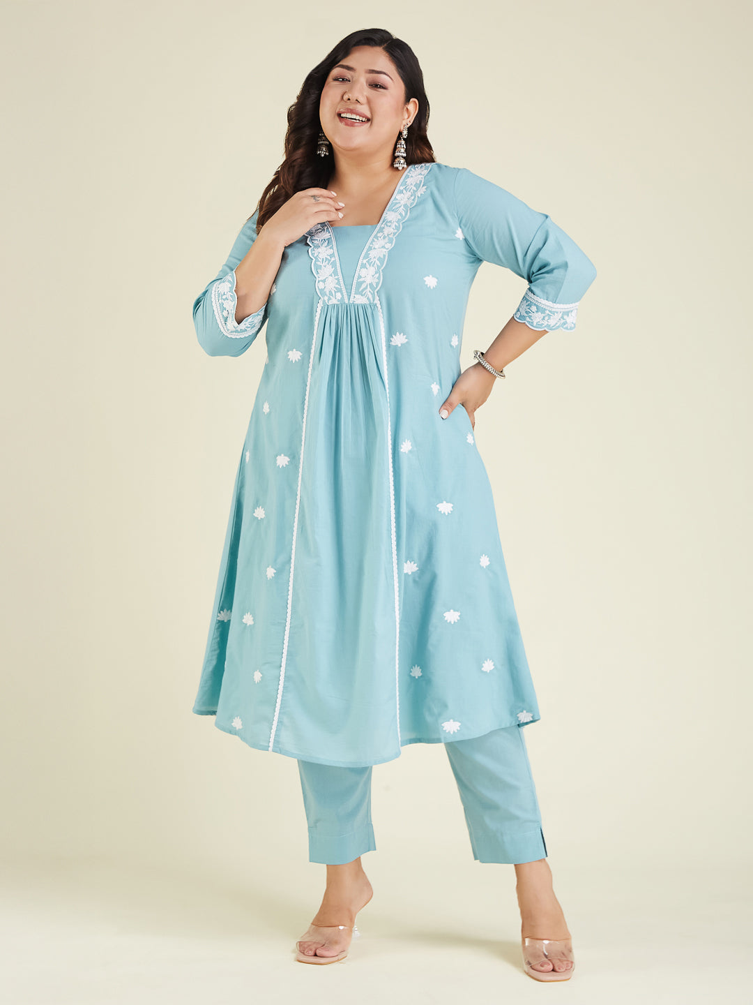 Niva's Women's Plus Size Light Blue Pure Cotton Embroidered A-line Kurta Pant Set