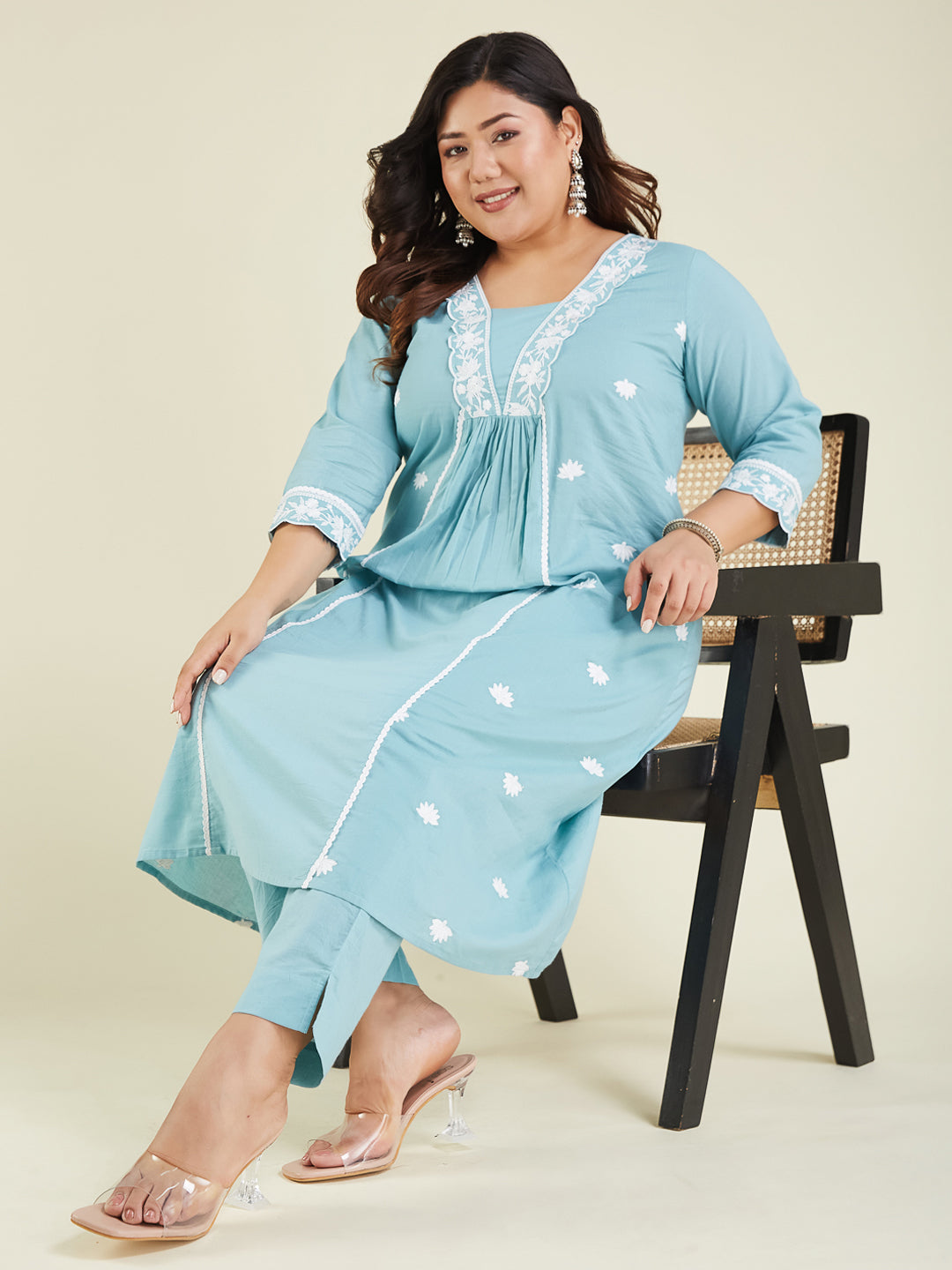 Niva's Women's Plus Size Light Blue Pure Cotton Embroidered A-line Kurta Pant Set