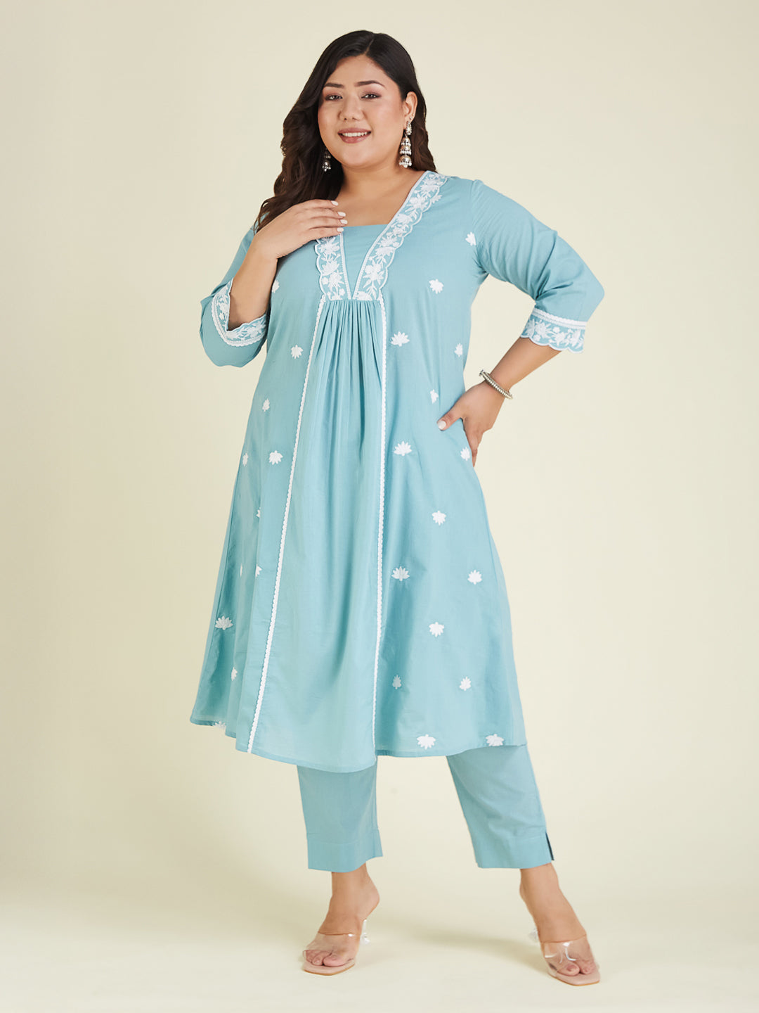 Niva's Women's Plus Size Light Blue Pure Cotton Embroidered A-line Kurta Pant Set
