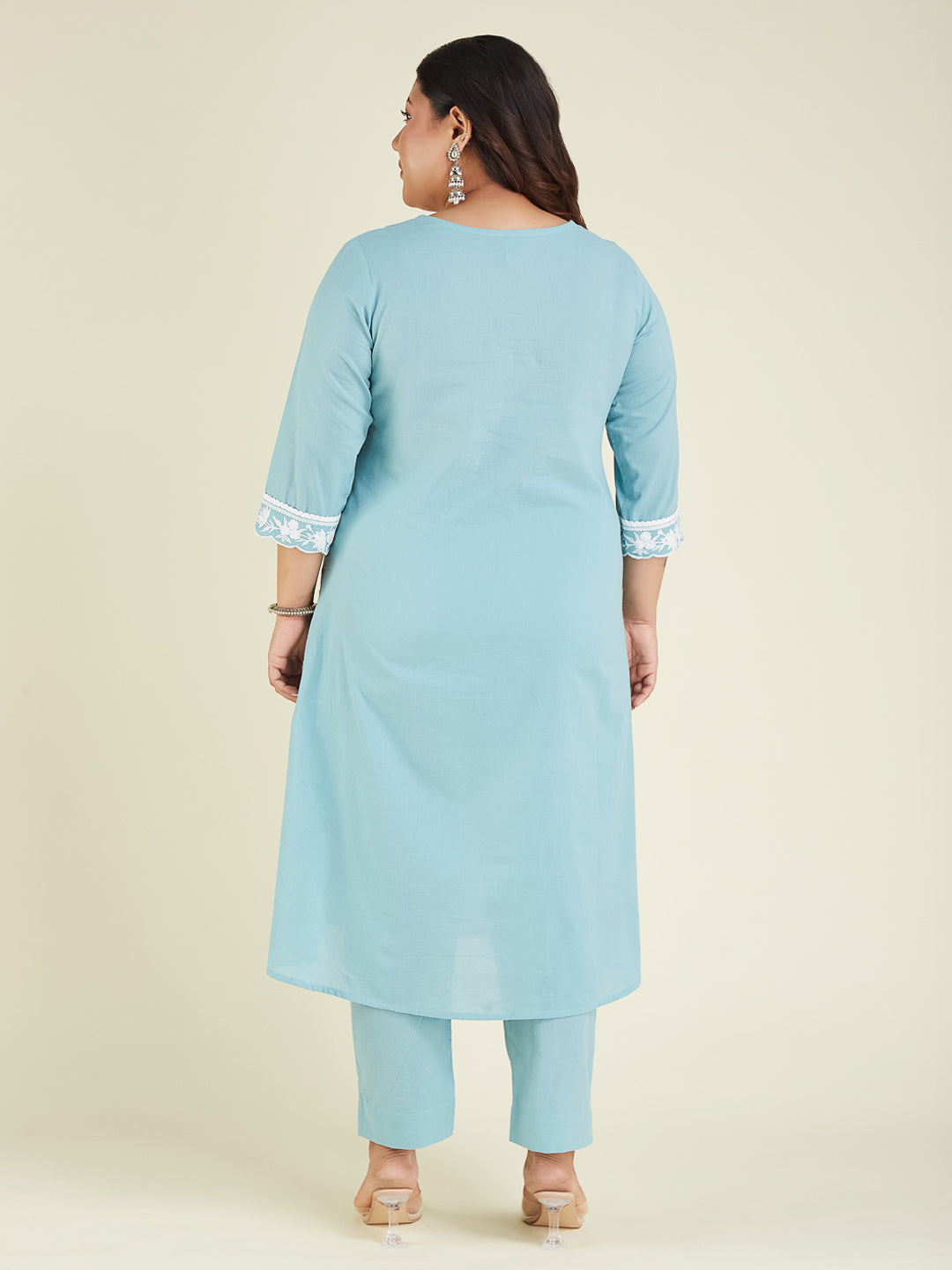 Niva's Women's Plus Size Light Blue Pure Cotton Embroidered A-line Kurta Pant Set