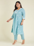 Niva's Women's Plus Size Light Blue Pure Cotton Embroidered A-line Kurta Pant Set