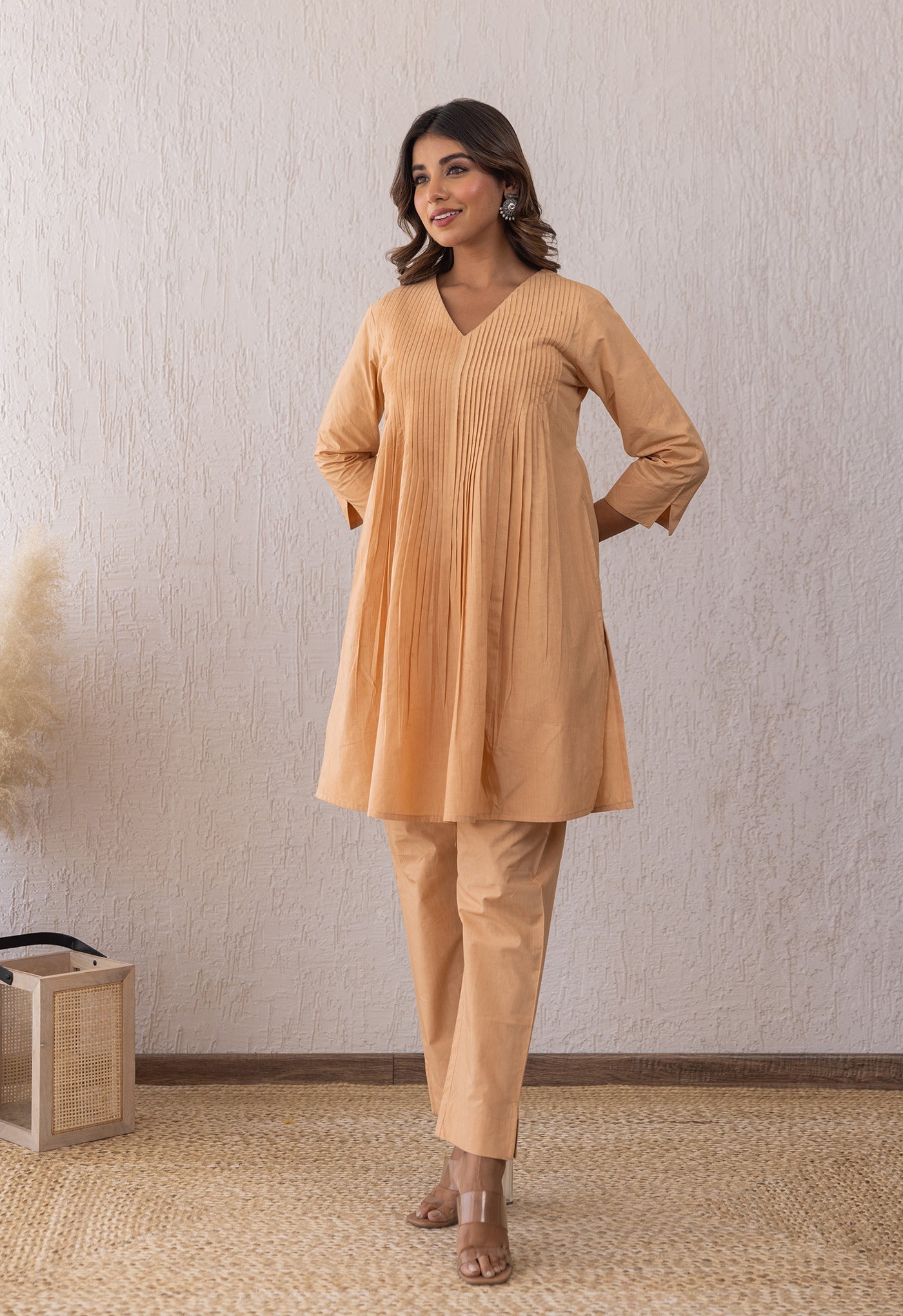 ALMOND CREAME SOLID PINTUCKS COORD SET