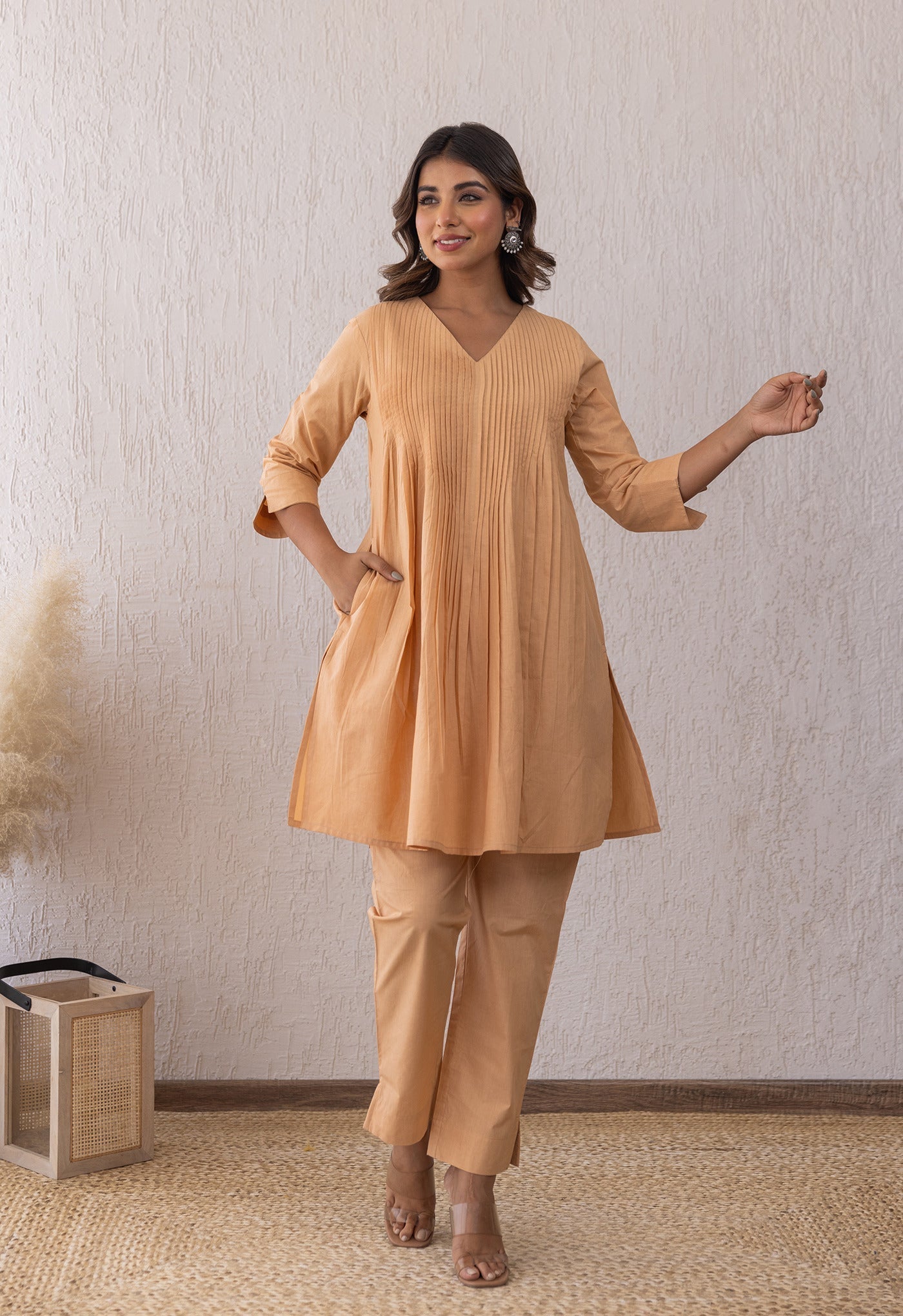 ALMOND CREAME SOLID PINTUCKS COORD SET