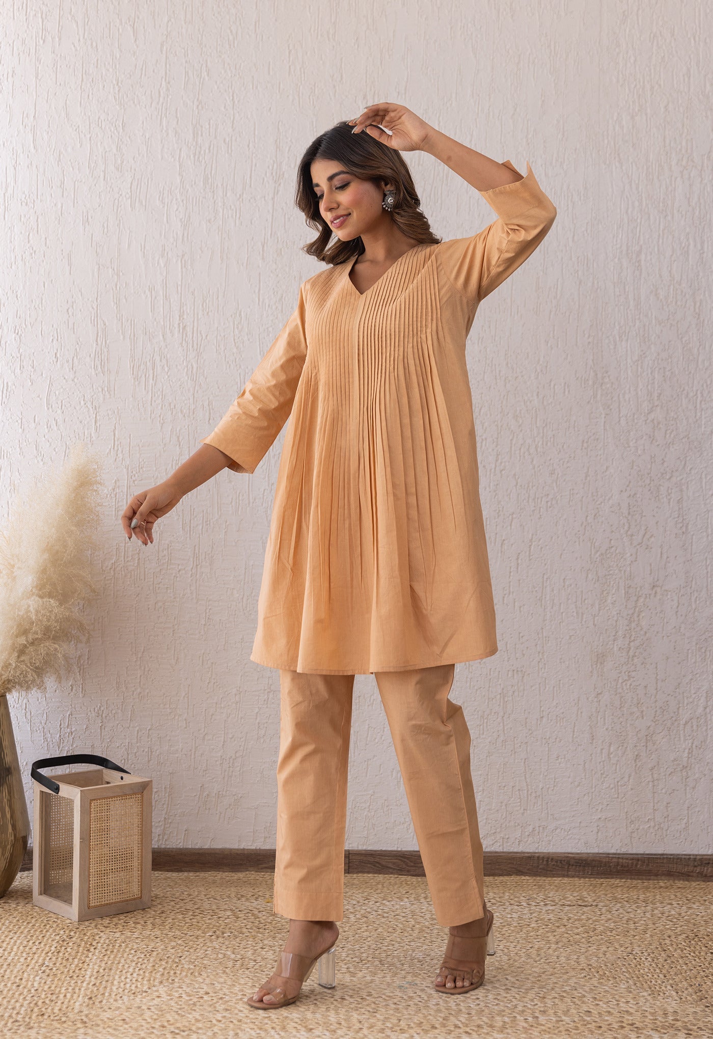ALMOND CREAME SOLID PINTUCKS COORD SET