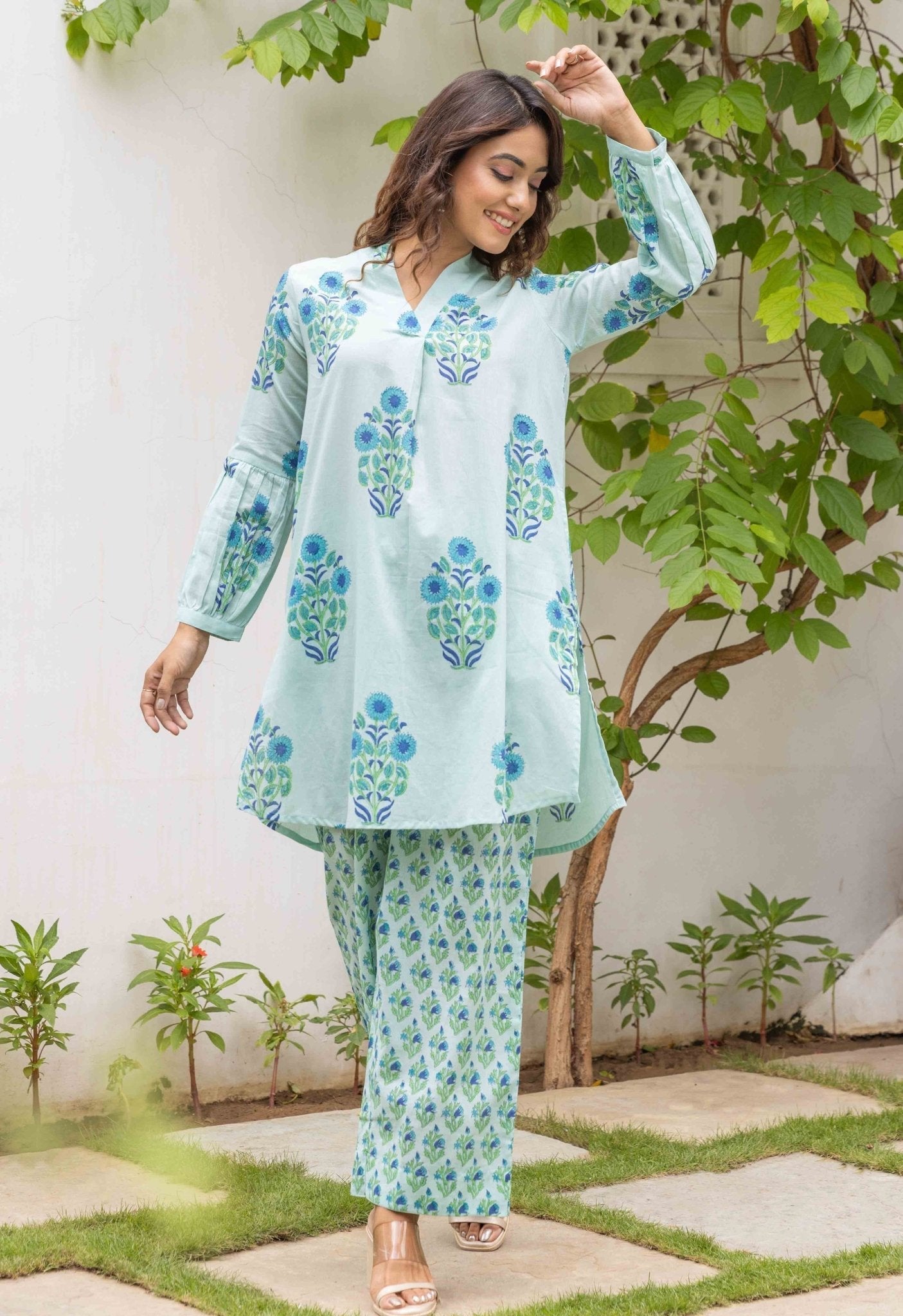 Aqua Blue Floral Boota and Buti  Hand block printed Co-ord Set
