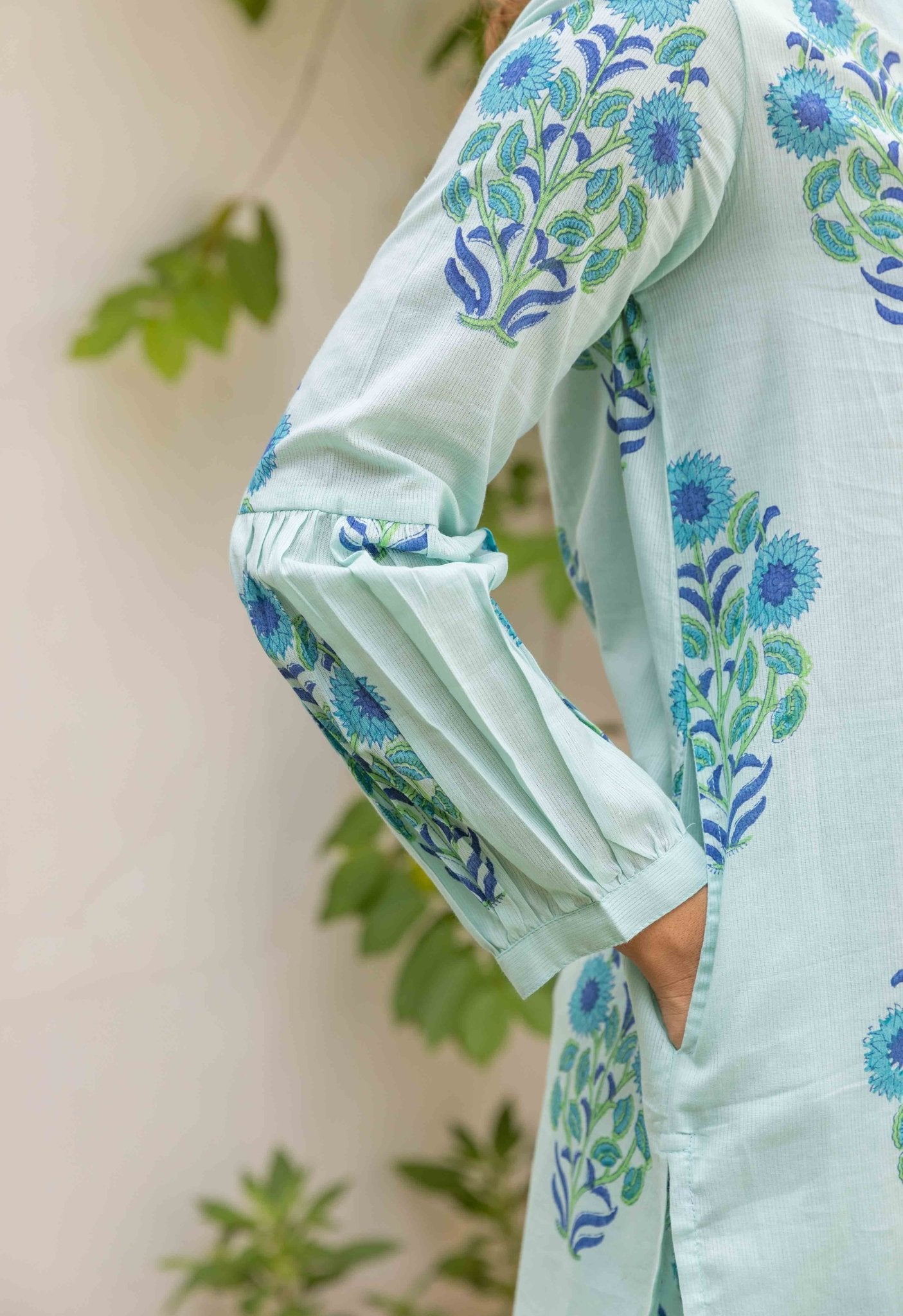 Aqua Blue Floral Boota and Buti  Hand block printed Co-ord Set