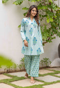 Aqua Blue Floral Boota and Buti  Hand block printed Co-ord Set