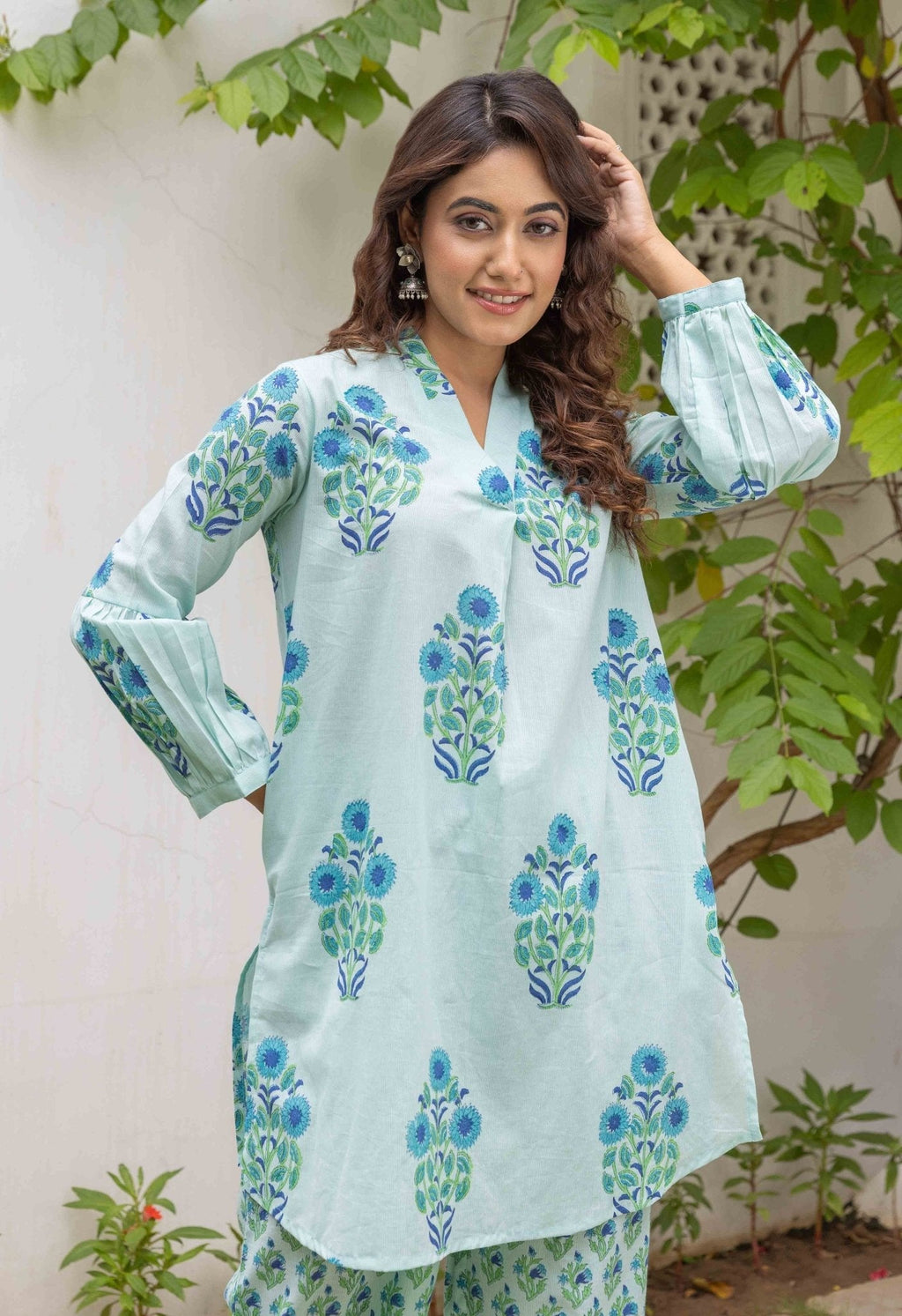 Aqua Blue Floral Boota and Buti  Hand block printed Co-ord Set