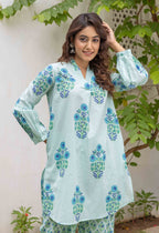 Aqua Blue Floral Boota and Buti  Hand block printed Co-ord Set