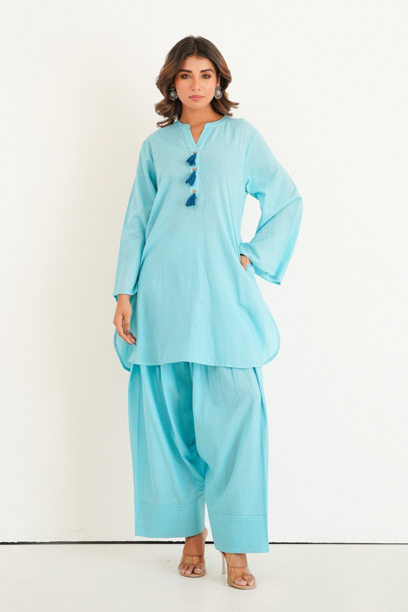 Aqua Solid Farsi Salwar Coord Set