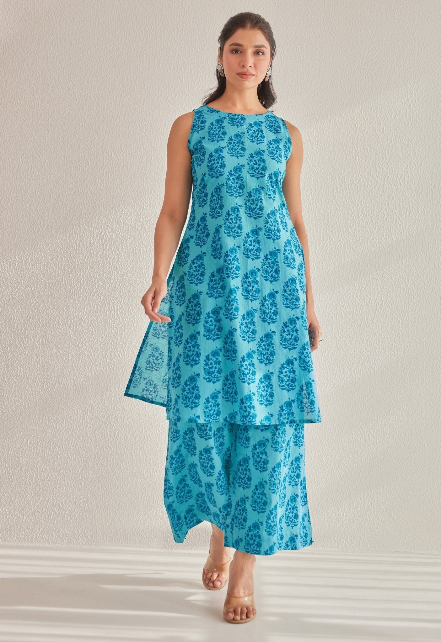 Blue  Sleeveless floral Buta Hand Block Printed Coord Set