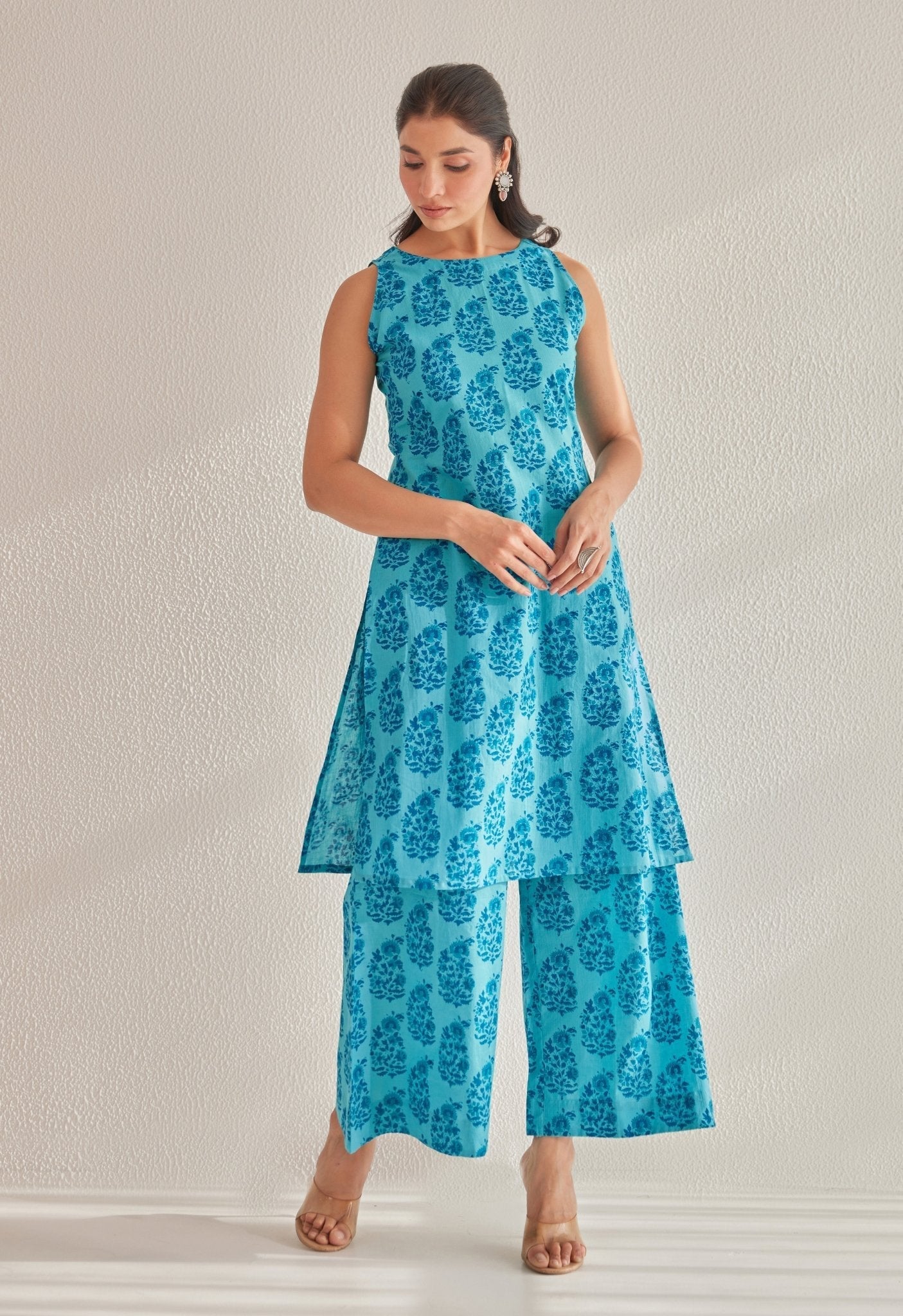 Blue  Sleeveless floral Buta Hand Block Printed Coord Set