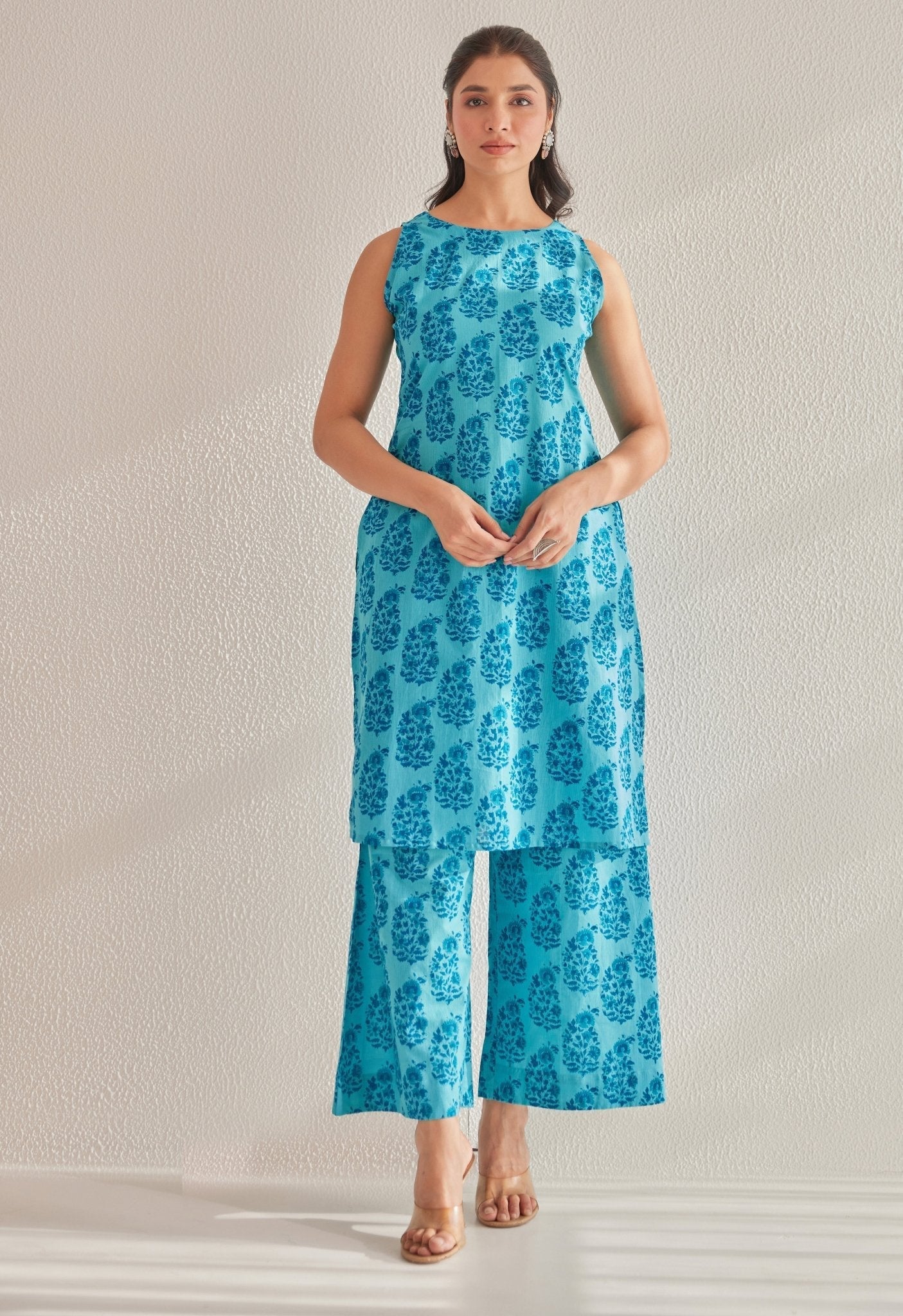 Blue  Sleeveless floral Buta Hand Block Printed Coord Set
