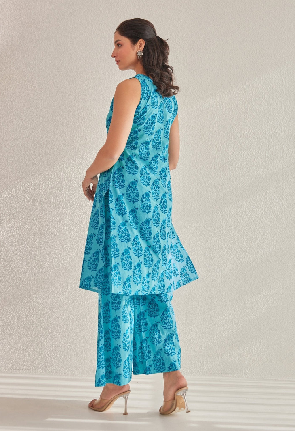 Blue  Sleeveless floral Buta Hand Block Printed Coord Set