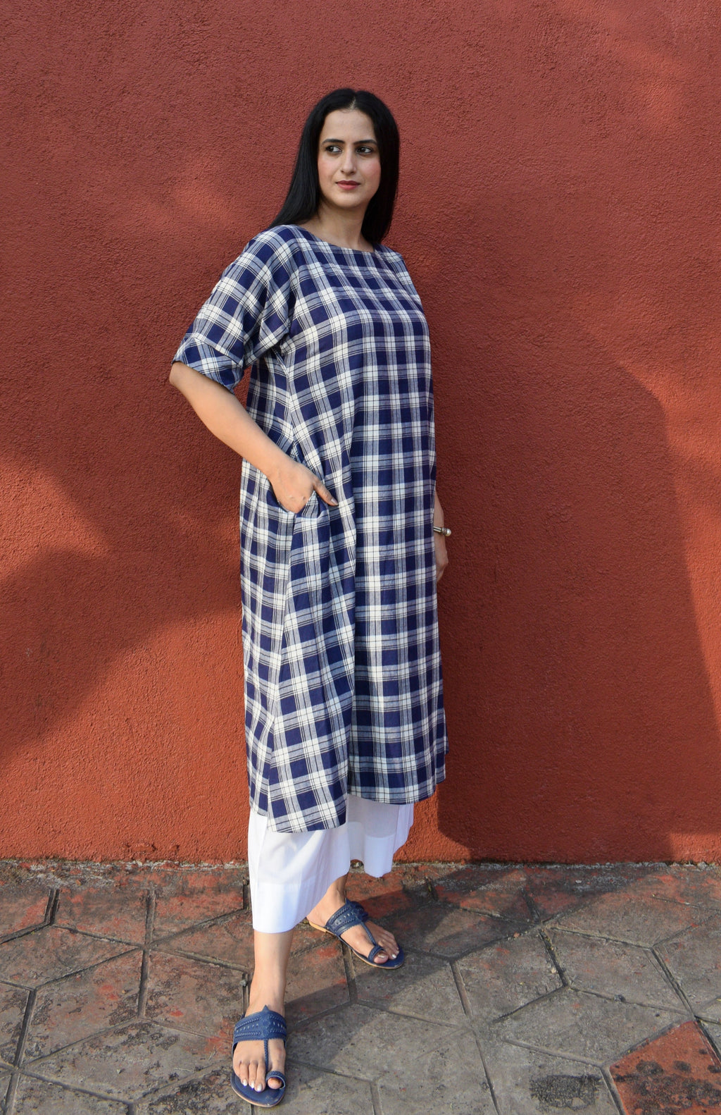 Blue and White Checks Kurta Set in handwoven checks and White Pyjama