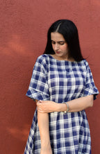 Blue and White Checks Kurta Set in handwoven checks and White Pyjama