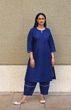 Dark blue linen straight fit paneled kurta