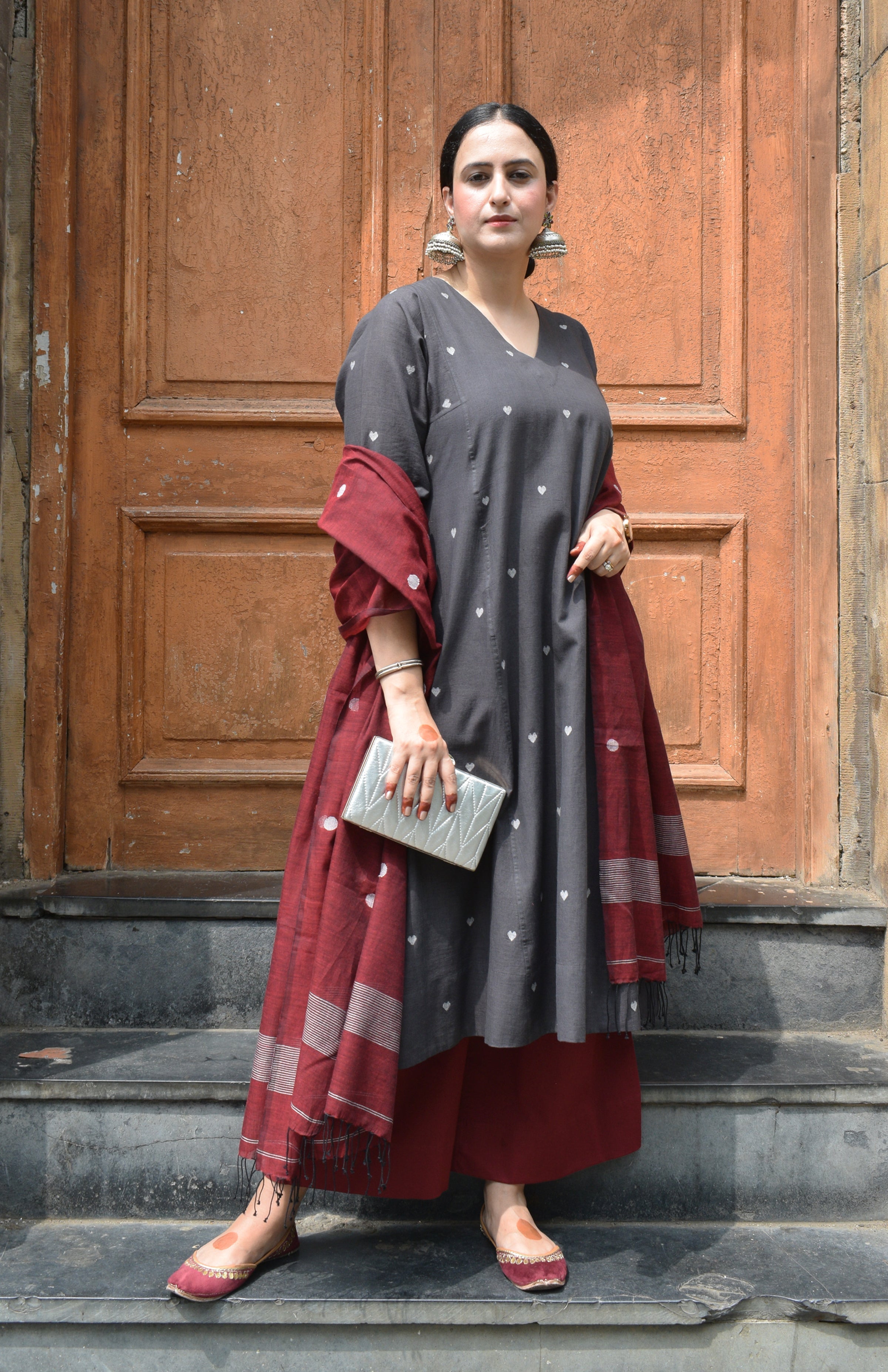 Charcoal Jamdani Phiran with Maroon Pyjama