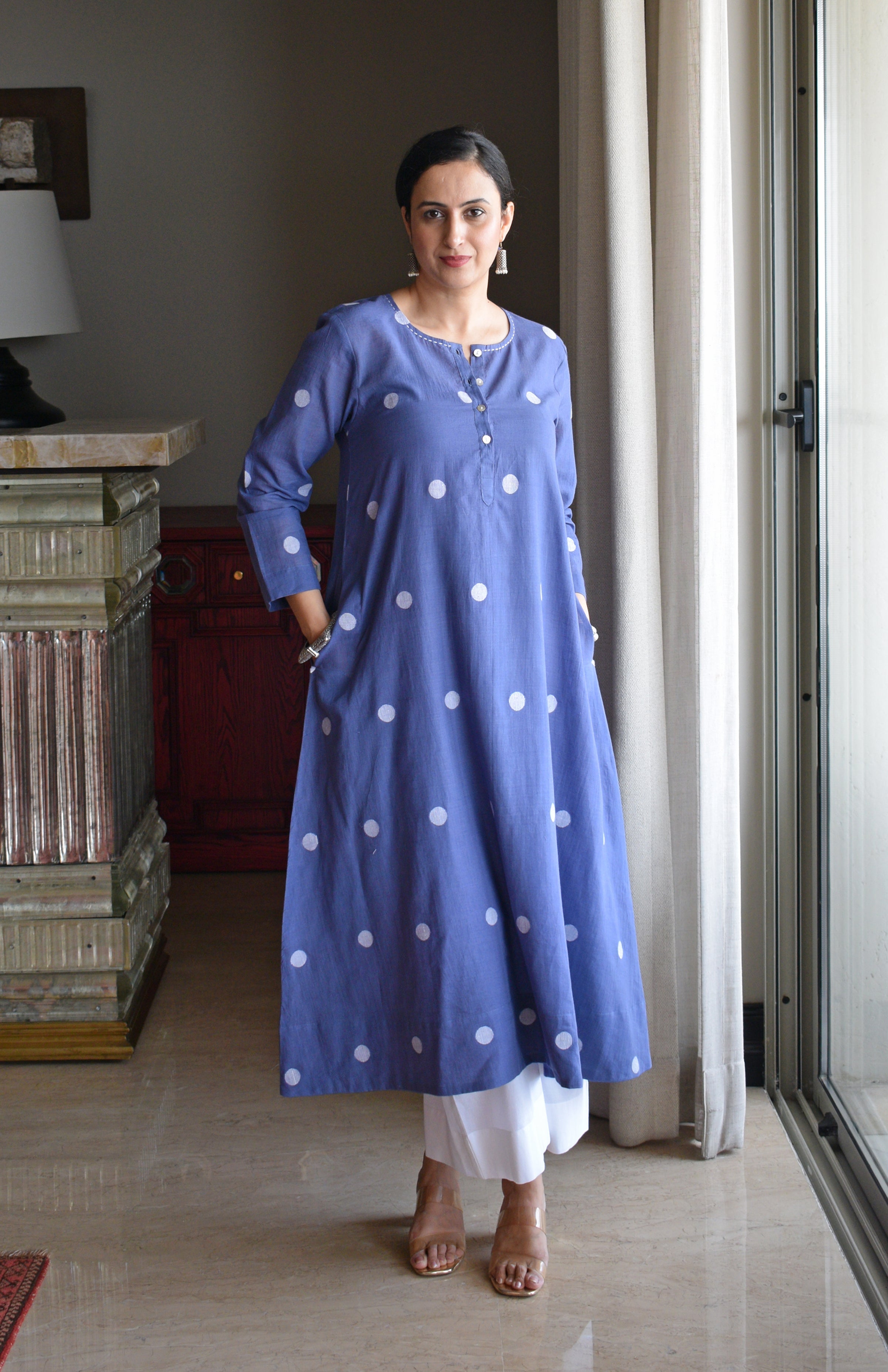 Denim Blue Jamdani Polka Dot Kurta with White pyjama
