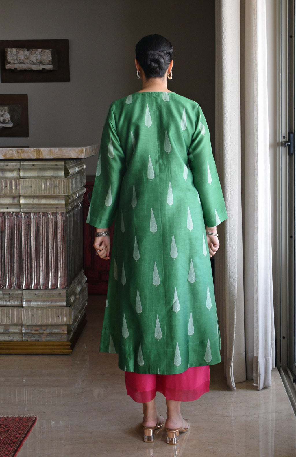 Green Chanderi Hand Embroidered A line Kurta
