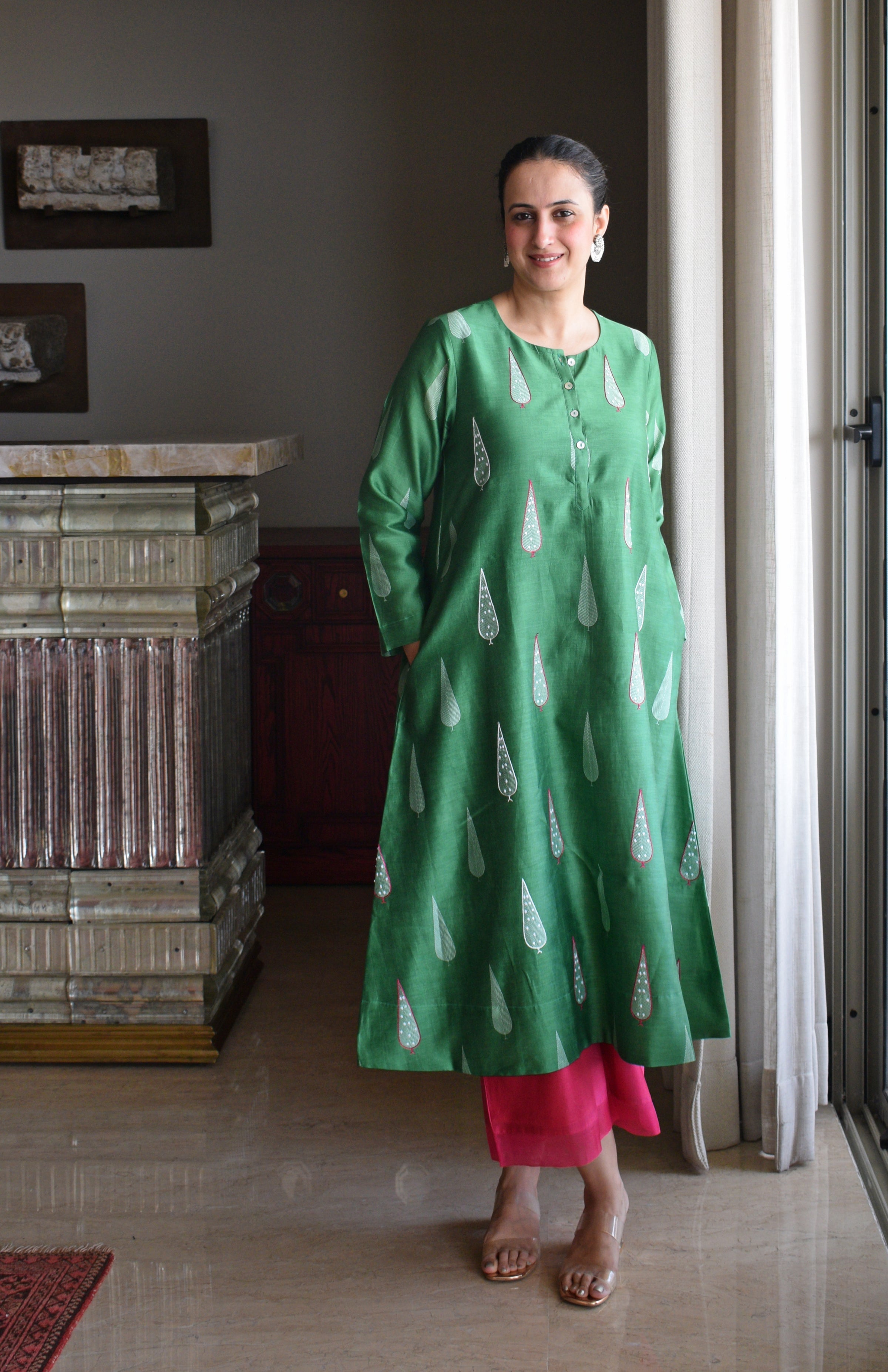 Green Chanderi Hand Embroidered A line Kurta