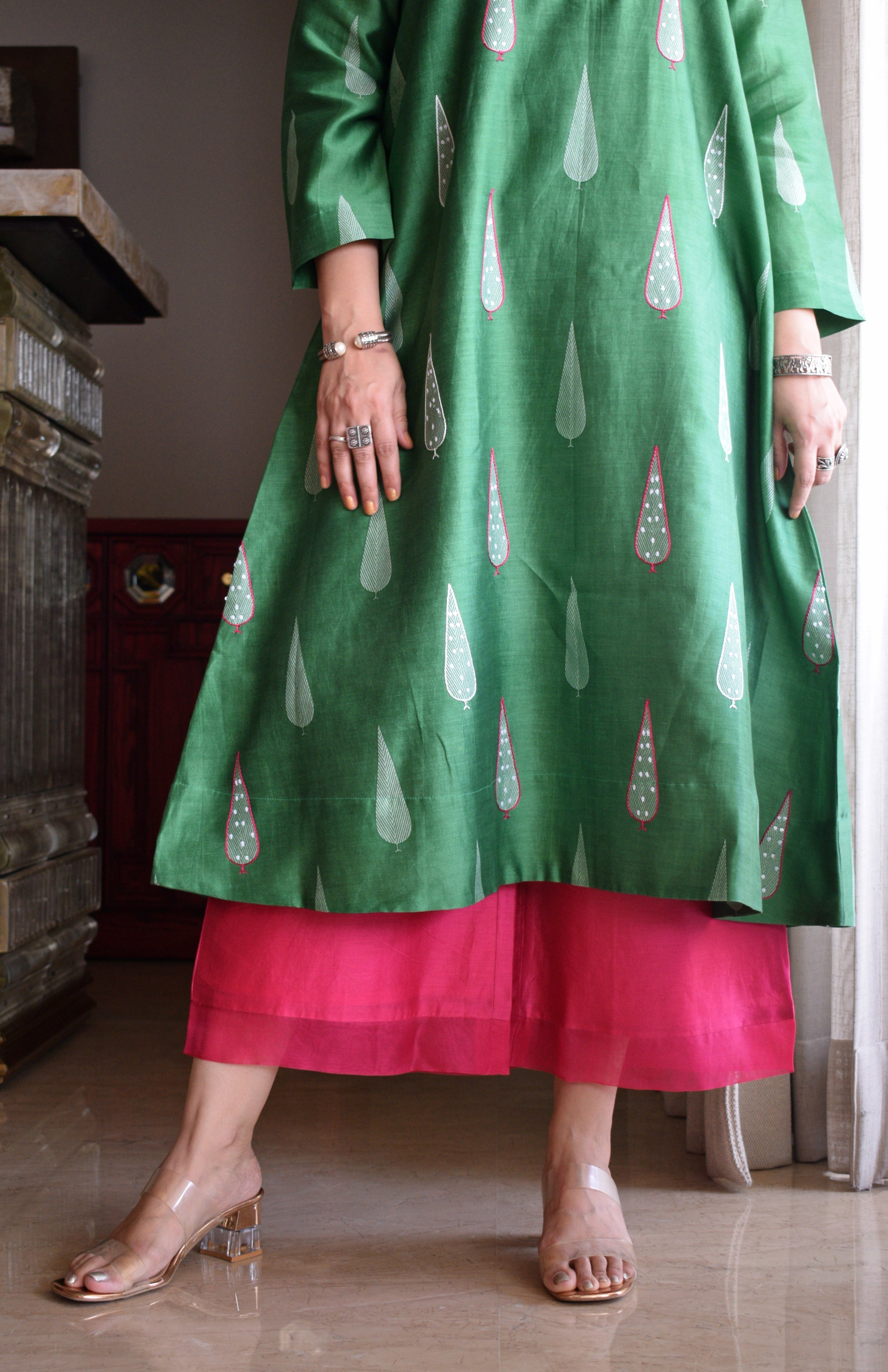 Green Chanderi Hand Embroidered A line Kurta