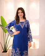 Morocco Blue Petals Cotton A Line Kurta Palazzo Set