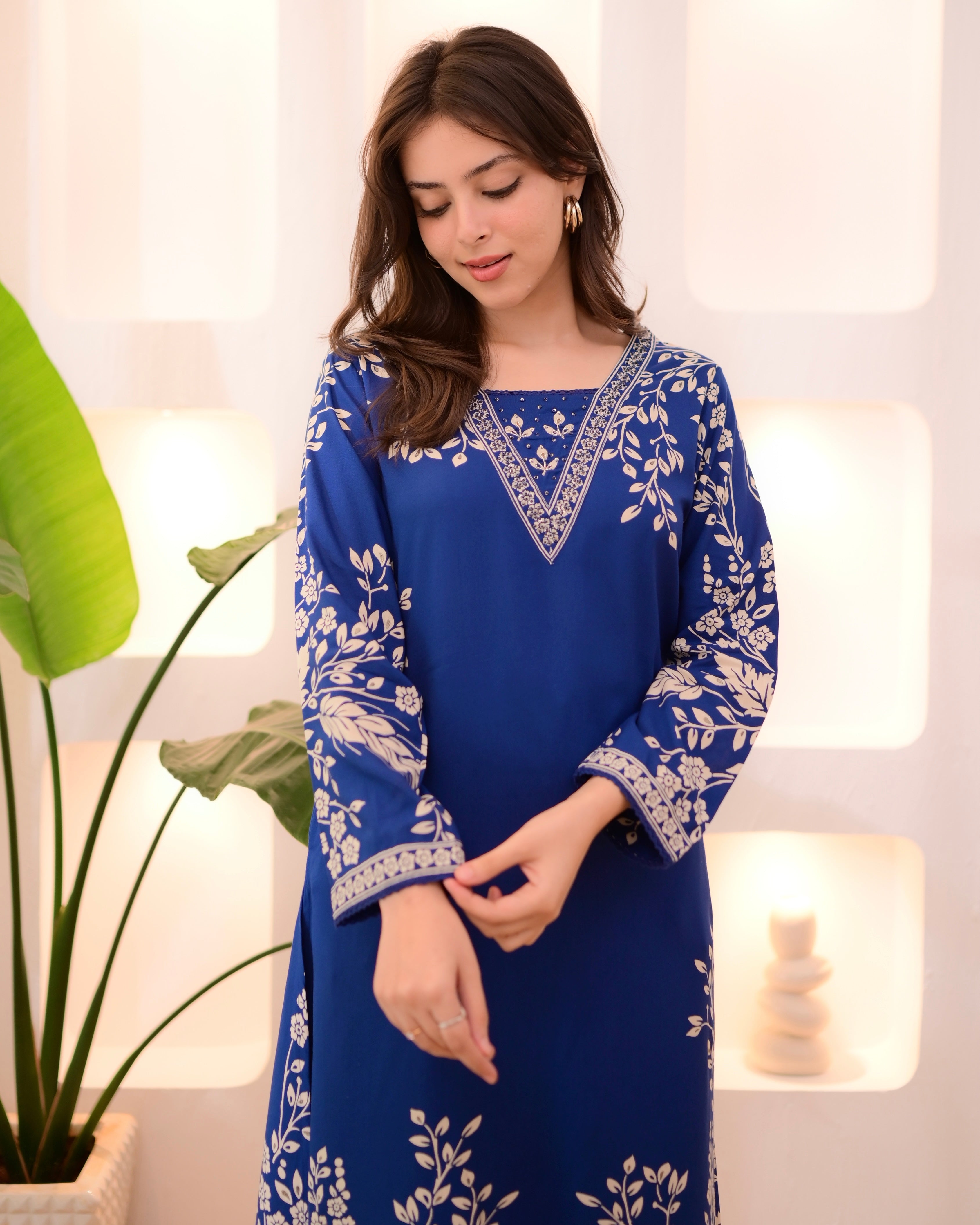 Morocco Blue Petals Cotton A Line Kurta Palazzo Set