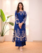 Morocco Blue Petals Cotton A Line Kurta Palazzo Set