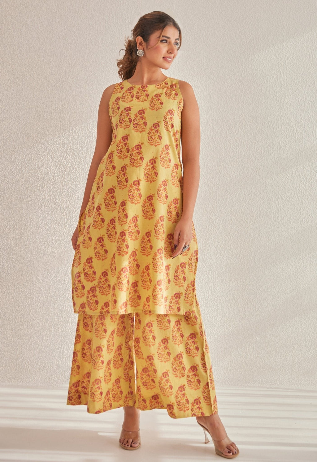 Mustard Sleeveless floral Buta Hand Block  Printed Coord Set
