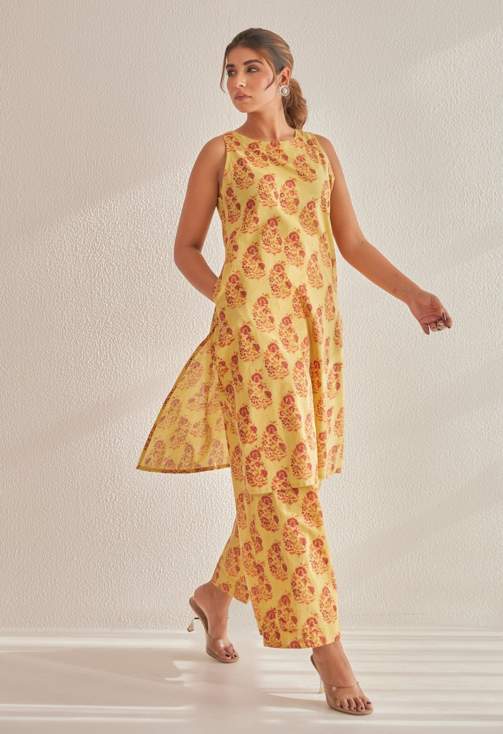 Mustard Sleeveless floral Buta Hand Block  Printed Coord Set
