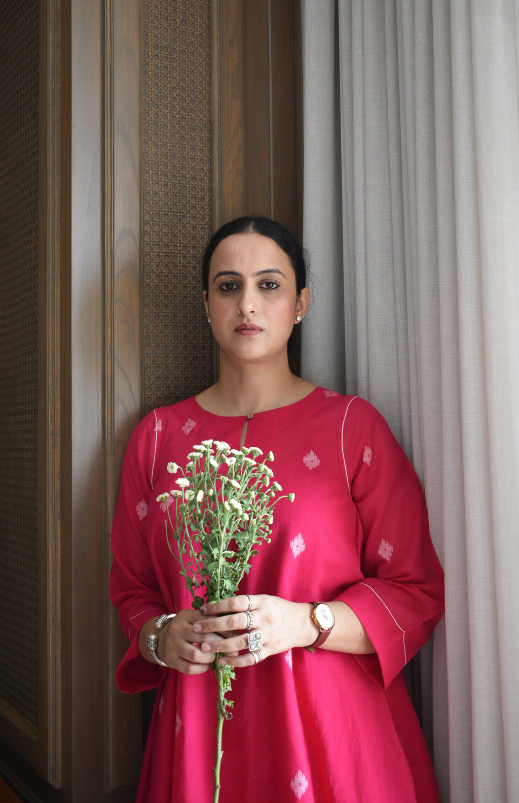 Rani pink Jamdani kurta with side gathers