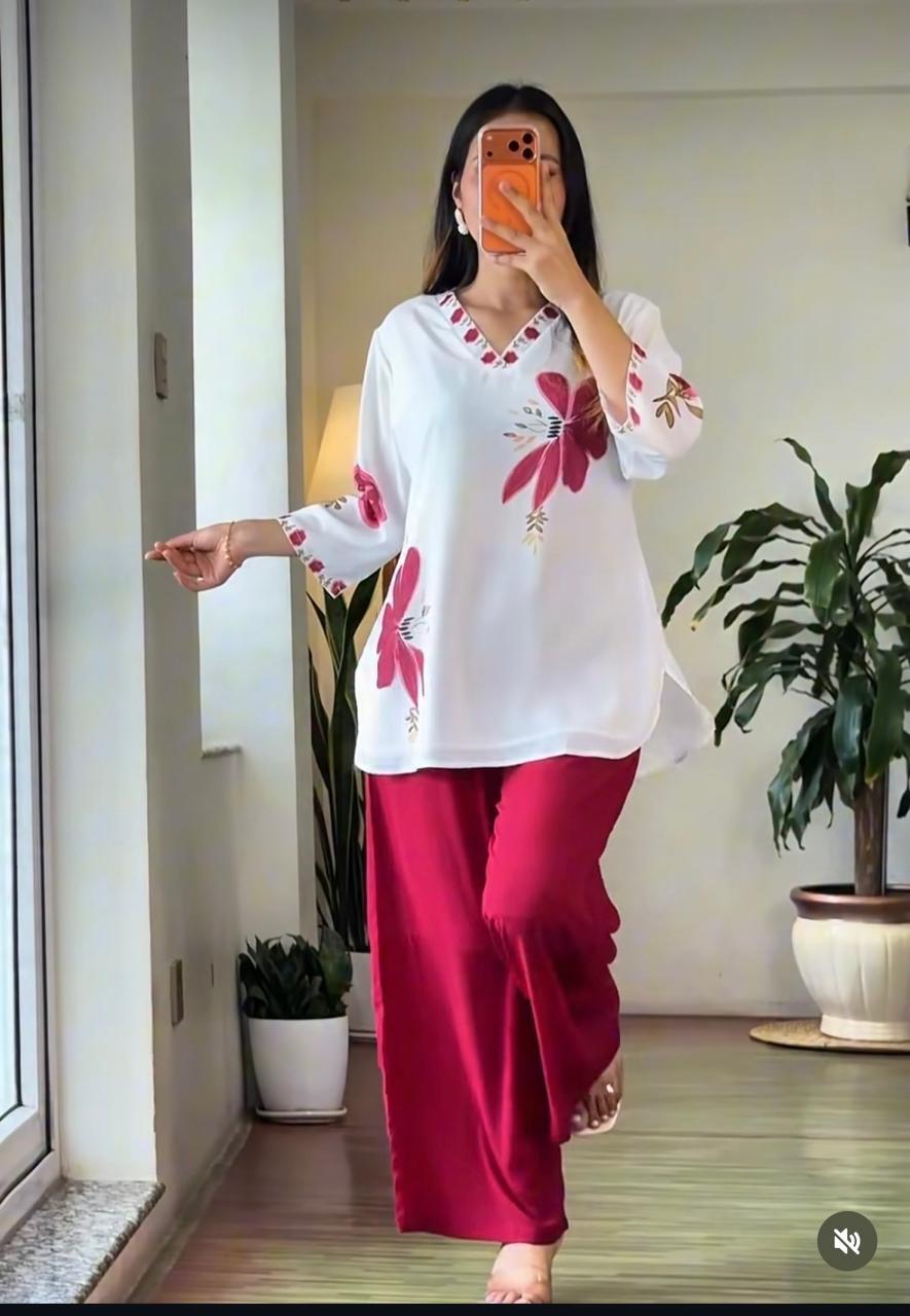 Red Floral Cotton Kurti Plazo Set for Women