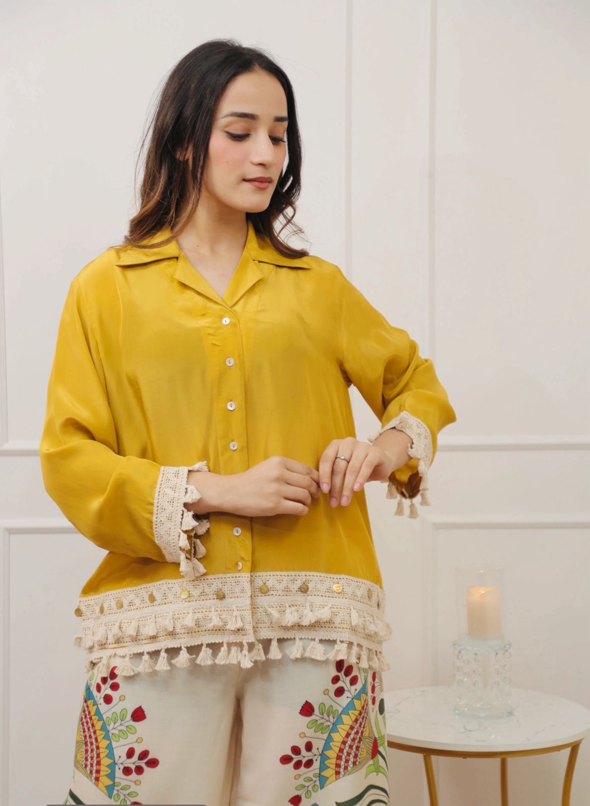 Mustard Yellow Cotton Cord Set for Women | Embroidery Top with Printed Pants