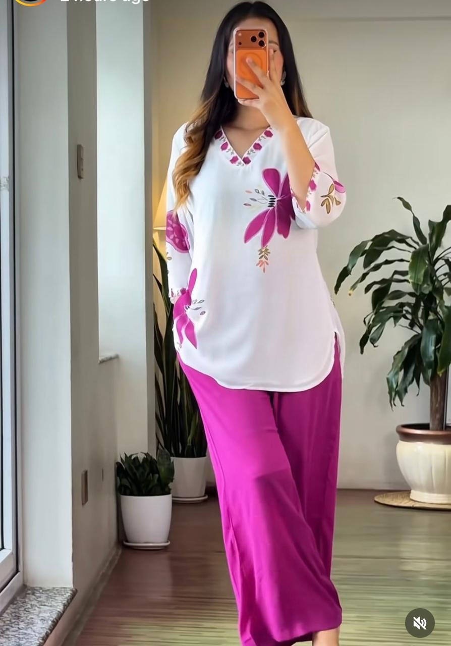 Pink Floral Mul Cotton Cord Set for Women
