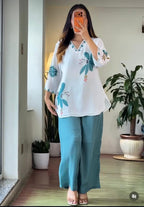 Teal Green Mul Cotton Floral Cord Set