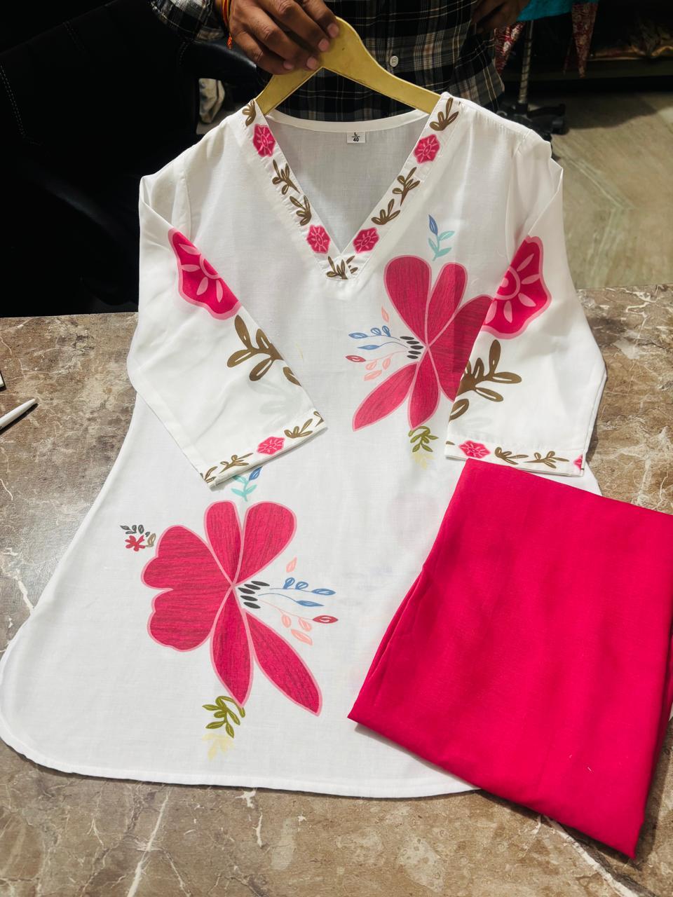 Red Floral Cotton Kurti Plazo Set for Women