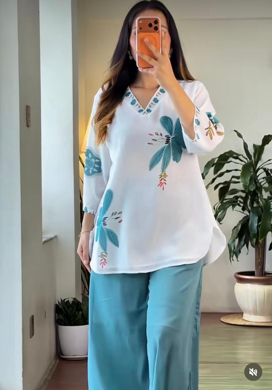 Teal Green Mul Cotton Floral Cord Set