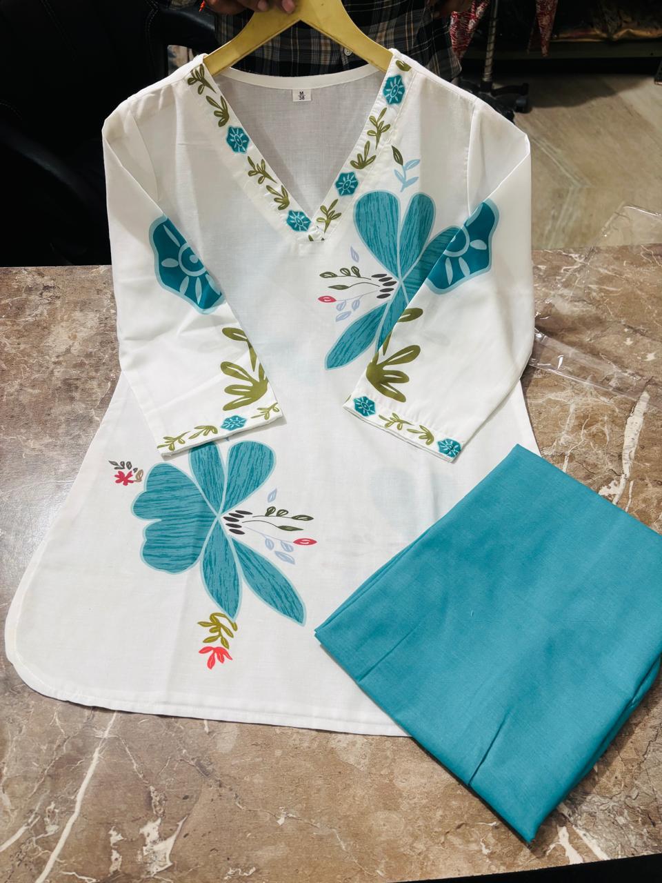 Teal Green Mul Cotton Floral Cord Set