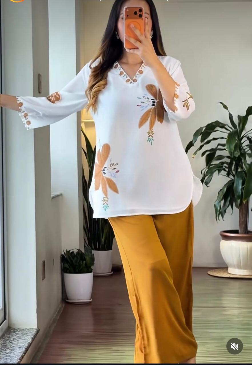 Mustard Yellow Floral Kurti Plazo Set | Mul Cotton