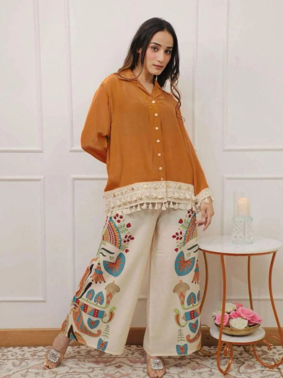 Rust Orange Cotton Cord Set | Embroidered Top & Designer Pant Set for Women