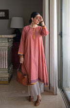 Rust Orange Checks A line Kurta with Pyjama in Handwoven cotton