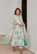 White Cotton Hand Block Printed Suit Set With Dupatta