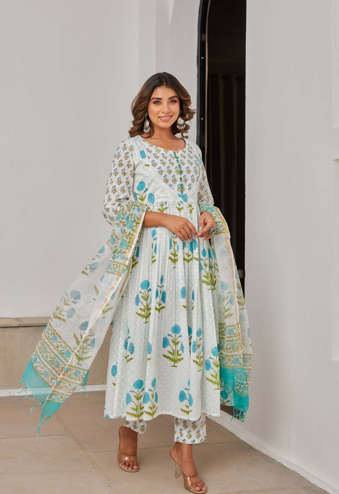 White Cotton Hand Block Printed Suit Set With Dupatta
