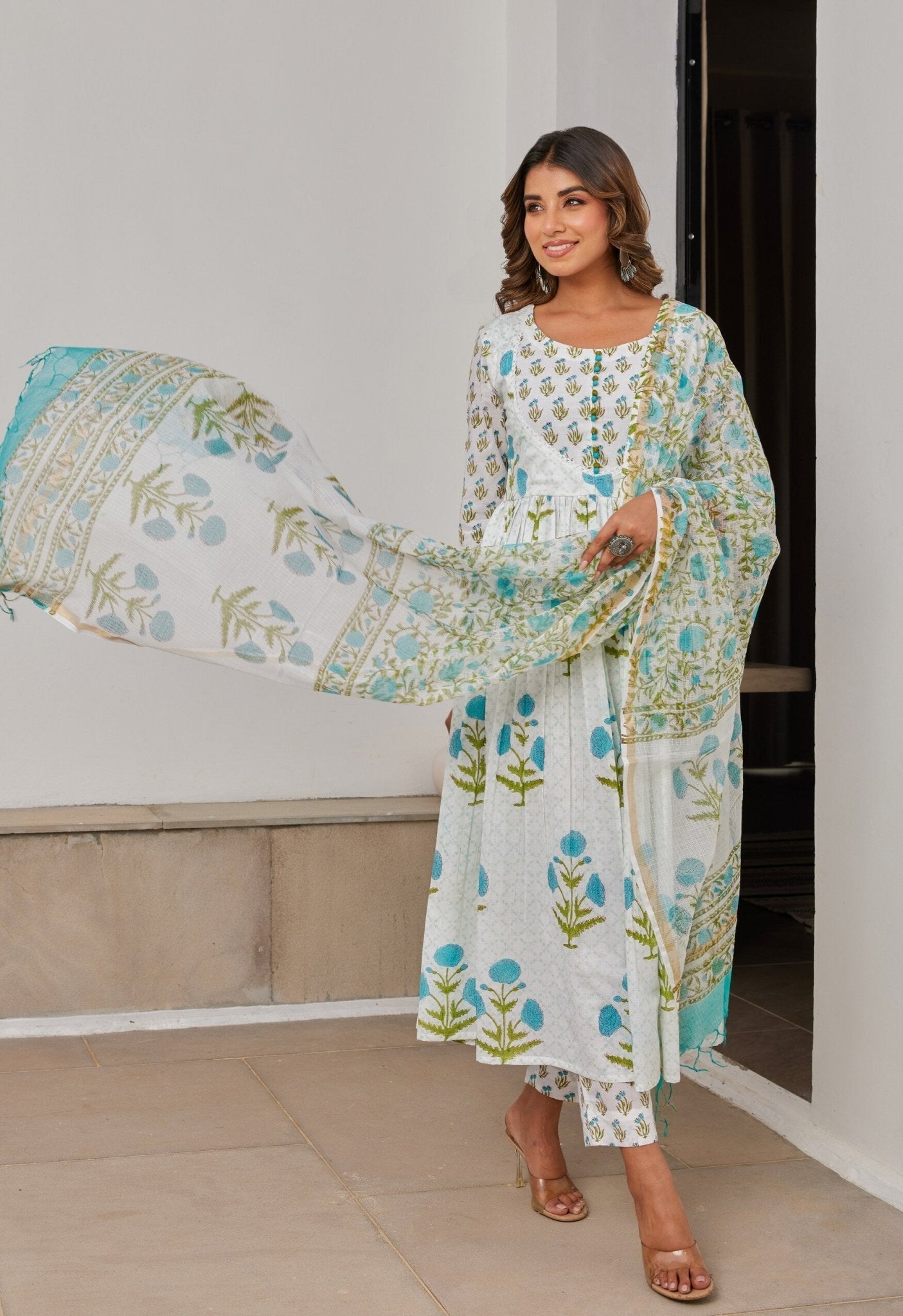 White Cotton Hand Block Printed Suit Set With Dupatta
