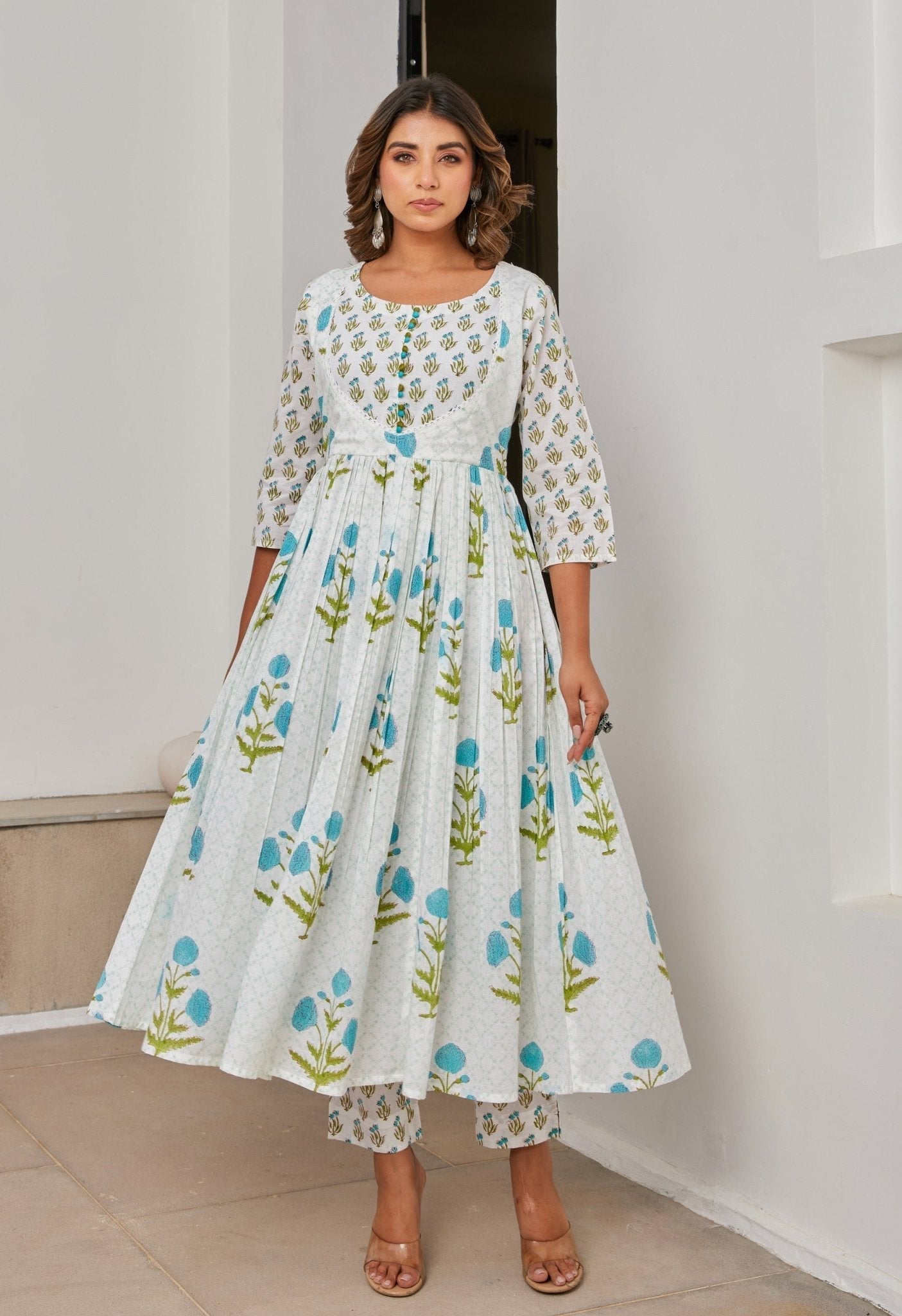 White Cotton Hand Block Printed Suit Set With Dupatta
