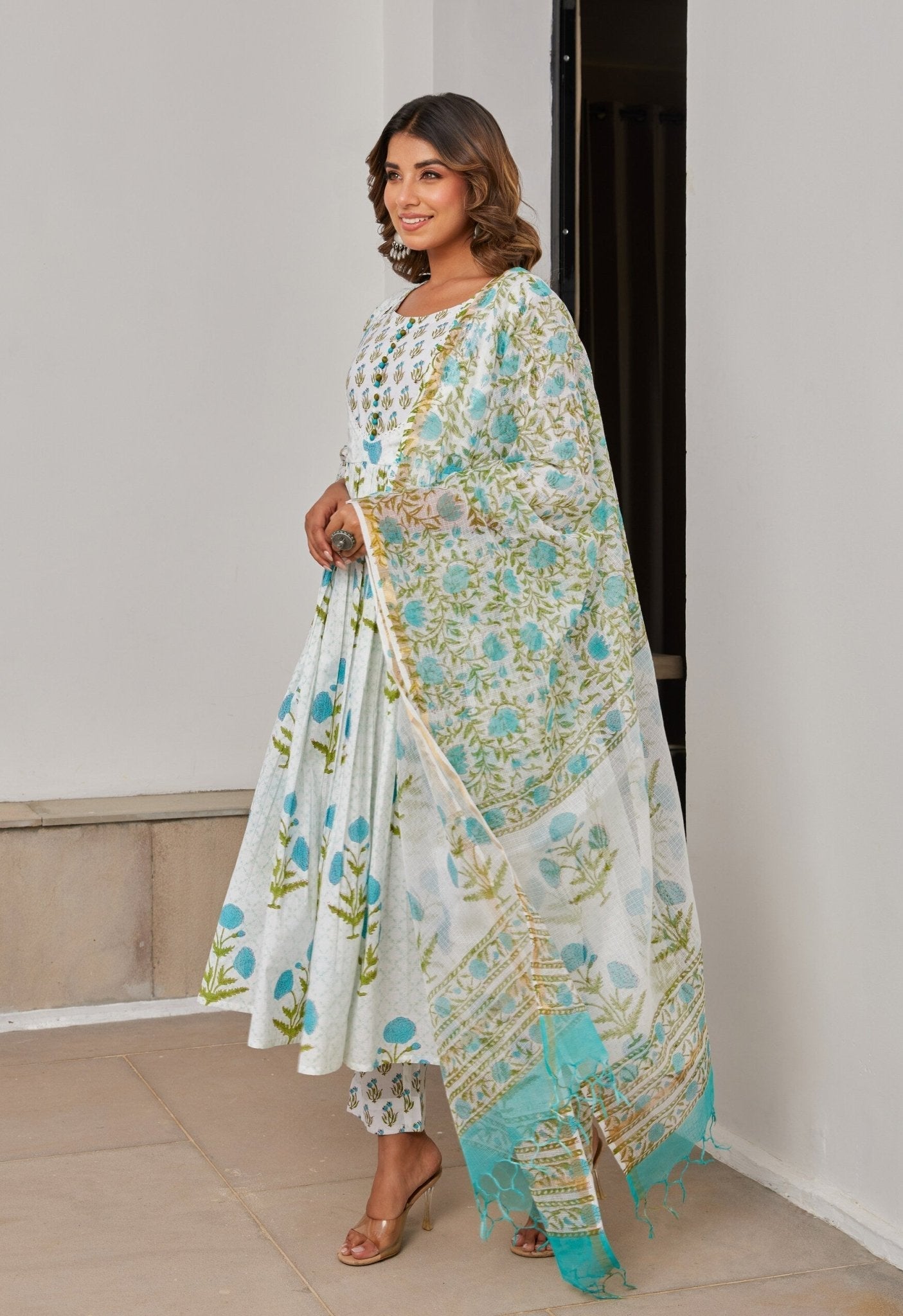 White Cotton Hand Block Printed Suit Set With Dupatta